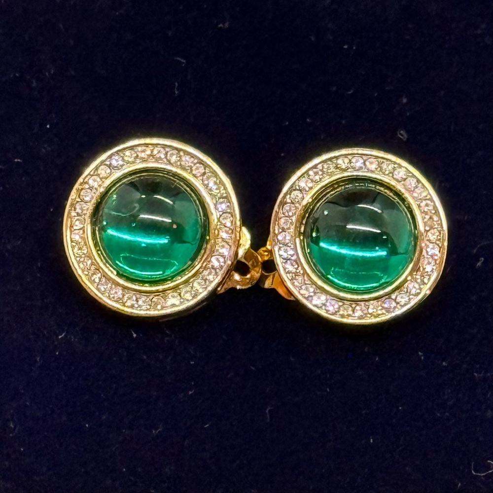 Talbots Gold and Green Cabachon Clip Earrings With Clear Rhinestones